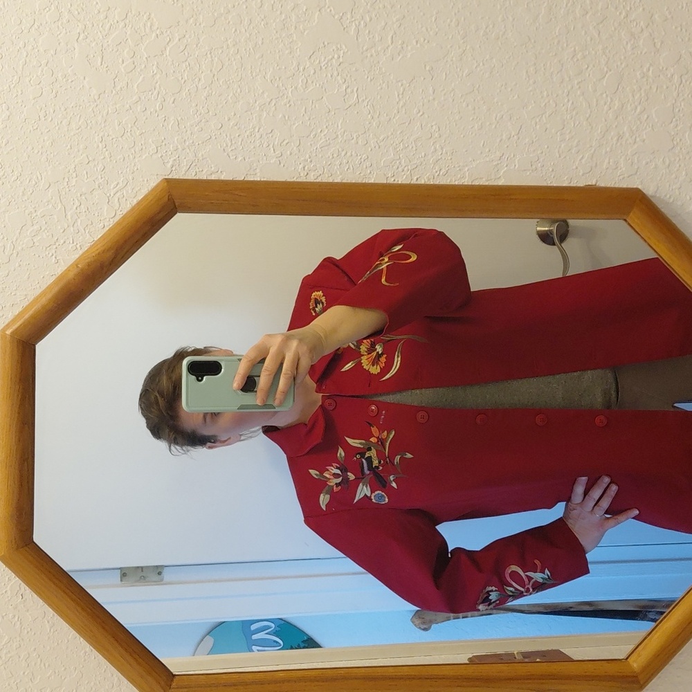 Vtg Victor Costa Red Embroidered Long Blazer 2XL - Picture 10 of 11